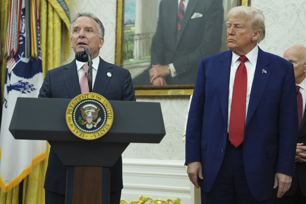 President Donald Trump, right, listens as White House special envoy Steve Witkoff, left, speaks during a swearing in ceremony for interim U.S. Attorney General for the District of Columbia Jeanine Pirro, Wednesday, May 28, 2025, in the Oval Office of the White House in Washington. (AP Photo/Evan Vucci)