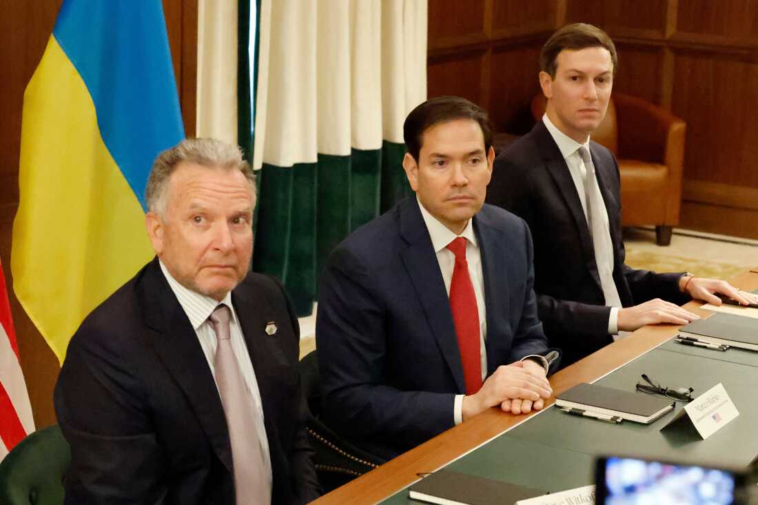 Special Envoy Steve Witkoff, left, Secretary of State Marco Rubio, center, and Jared Kushner attend a meeting with Ukrainian officials Sunday, Nov. 30, 2025, in Hallandale Beach, Fla. (AP Photo/Terry Renna)