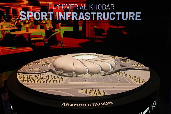 A picture taken on October 30, 2024 shows an artist illustration model of Aramco Stadium in Khobar in Saudi Arabia, during a media tour in the FIFA football 2034 World Cup Saudi bid exhibition in Riyadh. The Aramco stadium is due to be completed 2026 and will hold over 46,000 fans. (Photo by Fayez Nureldine / AFP)