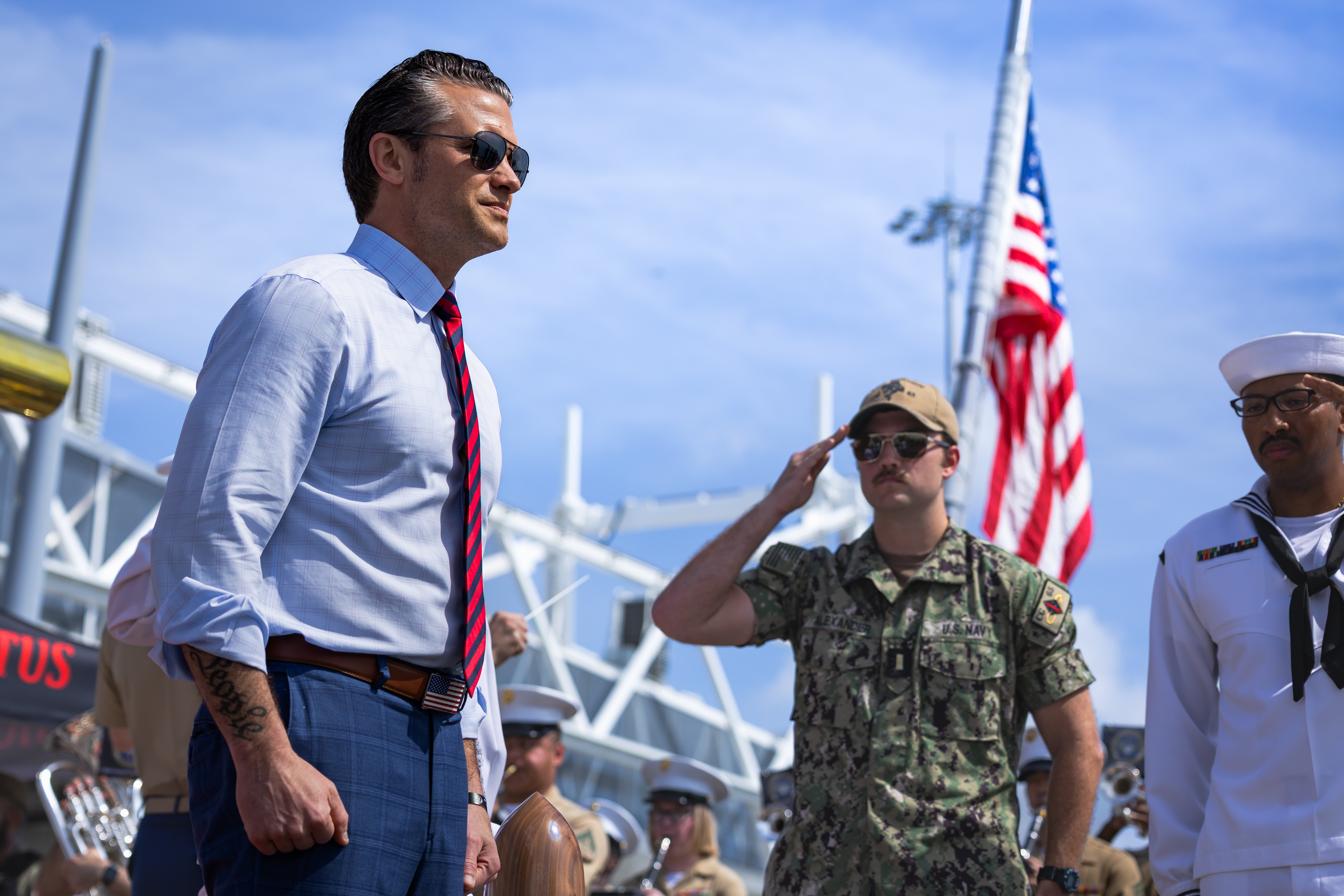 U.S. Secretary of Defense Pete Hegseth boards the Ticonderoga-class guided-missile cruiser, USS Chosin (CG 65), Panama, April 9, 2025. U.S. Southern Command and the Panamanian security forces collaborate to ensure and maintain regional stability during natural disasters, medical catastrophes or regional conflicts. (U.S. Marine Corps photo by Lance Cpl. Van Hoang)