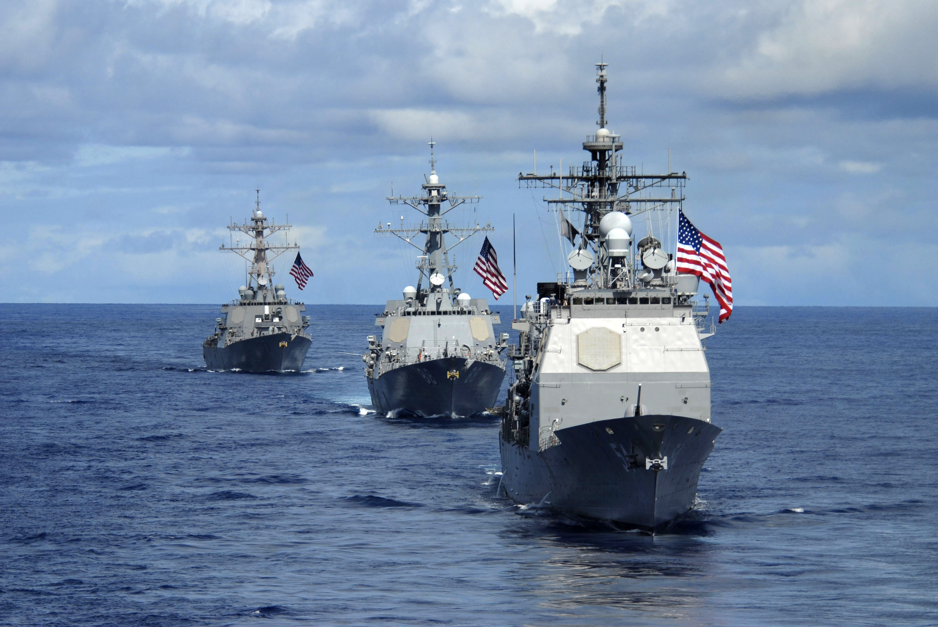 070814-N-8157C-122 PACIFIC OCEAN, (AUG 14, 2007) - USS Antietam (CG 54) (right), USS Preble (DDG 88) (center) and USS O'Kane (DDG 77), steam in formation during a joint photo exercise (PHOTOEX) concluding Valiant Shield 2007. The PHOTOEX featured 15 ships and 17 aircraft from Air Force, Navy, and Marine Corps including a B-52 bomber. The USS John C. Stennis (CVN 74), USS Kitty Hawk (CV 63) and USS Nimitz (CVN 68) Carrier Strike Groups were participating in Valiant Shield 2007, the largest joint exercise in recent history. Held in the Guam operating area, the exercise includes 30 ships, more than 280 aircraft and more than 20,000 service members from the Navy, Air Force, Marine Corps, and Coast Guard. U.S. Navy photo by Mass Communication Specialist 1st Class Denny Cantrell (RELEASED)