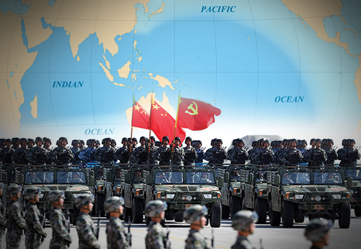 قوات من الجيش الشعبي الصيني في استعراض عسكري وفي الخلفية خريطة المحاط الهادي الهندي