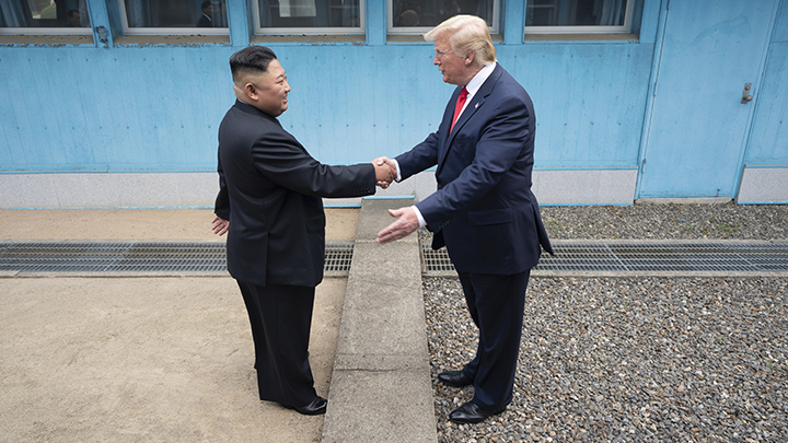 June 30, 2019 - Panmunjom, South Korea - U.S President Donald Trump and North Korean leader Kim Jong Un shake hands as they meet at the border in the Demilitarized Zone June 30, 2019 in Panmunjom, South Korea. (Credit Image: © Shealah Craighead via ZUMA Wire)