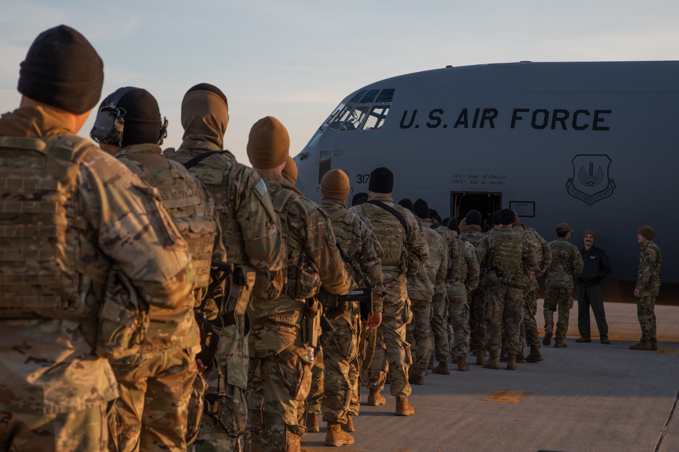Soldiers of 2nd Battalion, 503rd Parachute Infantry Regiment, 173rd Airborne Brigade, C130J Hercules at Aviano Air Base, Italy, Feb. 24, 2022. Paratroopers deployed to Latvia this week to demonstrate United States' commitment to our NATO Allies and bolster defensive capabilities. This repositioning serves to assure our Allies and partners of our rock solid commitment to NATO. (U.S. Army photo by Sgt. Meleesa Gutierrez.)
