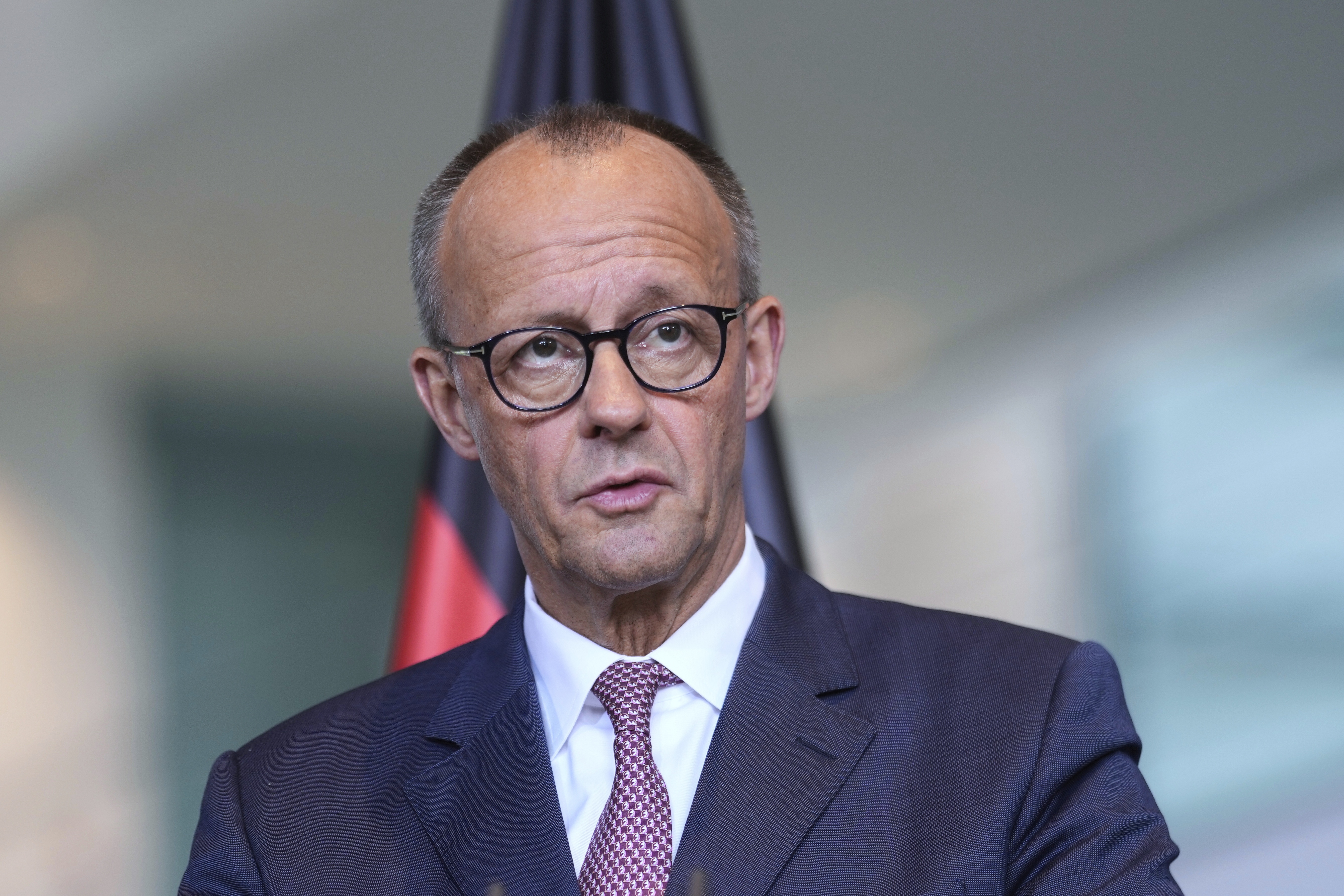 Germany's Chancellor Friedrich Merz attends a news conference at the chancellery in Berlin, Germany, Wednesday, May 28, 2025.(AP Photo/Markus Schreiber)