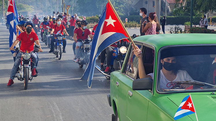 Villa Clara, Cuba, april 25 2021 : caravan and protest against US blockade imposed on Cuba for 60 years 