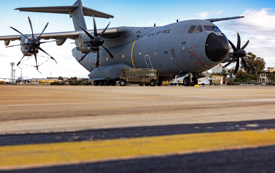 Pictured is a Royal Air Force A400M Atlas transport aircraft on the RAF Akrotiri airfield.This aircraft forms part of the Air Mobility Detachment within 903 Expeditionary Air Wing on Operation SHADER and KIPION. Its main role is to transport military personnel and freight across the Joint Operating Area in support of the Royal Air Force's operations in the Middle-East.Atlas (Atlas C.1 A400M) has the ability to carry a 37-tonne payload over 2,000nm to established and remote civilian and military airfields, and short unprepared or semi-prepared strips. Capable of operating at altitudes up to 40,000ft, Atlas also offers impressive low-level capability.It will accommodate as many as 116 fully-equipped troops; vehicles; helicopters, including a Chinook; mixed loads, including nine aircraft pallets and 54 passengers, or combinations of vehicles, pallets and personnel, up to a payload of 37 tonnes.