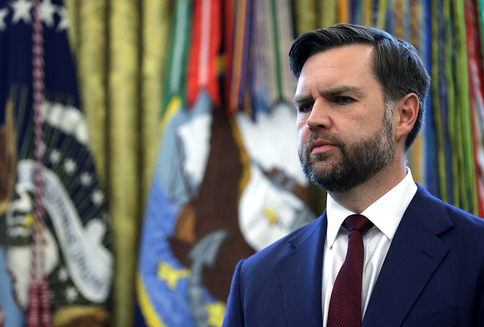 WASHINGTON, DC - MARCH 16: U.S. Vice President JD Vance listens to remarks during a White House signing ceremony in the Oval Office of the White House on March 16, 2026 in Washington, DC. Trump signed an executive order to create a task force on fraud which will be lead by Vice President J.D. Vance. (Photo by Alex Wong/Getty Images)