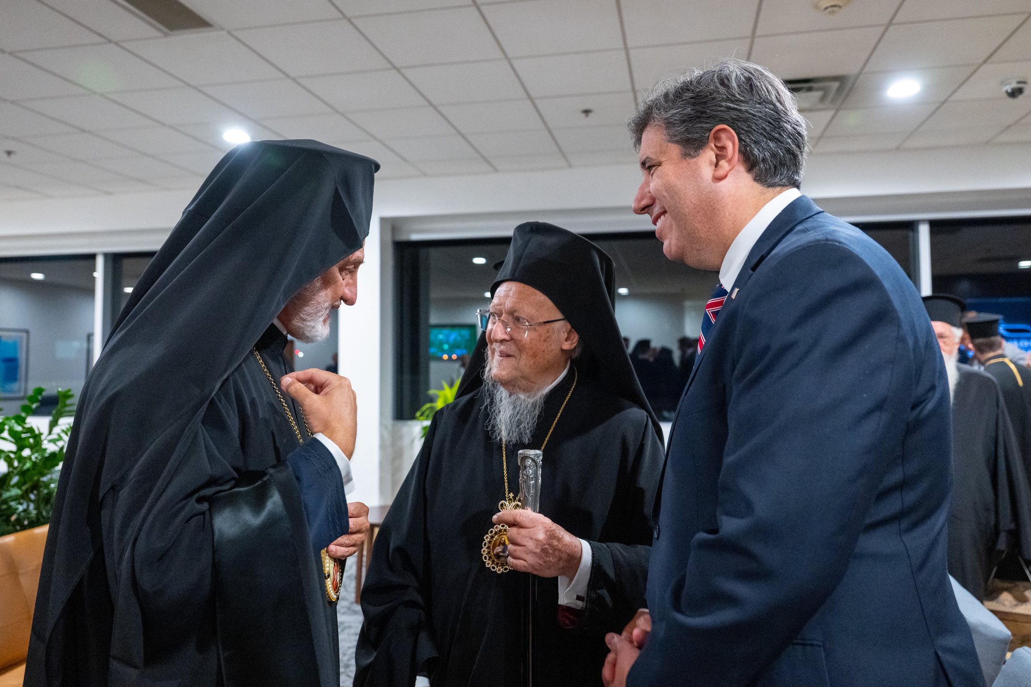 On Sunday, September 15, 2025, His All-Holiness Ecumenical Patriarch Bartholomew arrived in the United States of America and was greeted by His Eminence Archbishop Elpidophoros of America, together with dignitaries, hierarchs, and faithful.