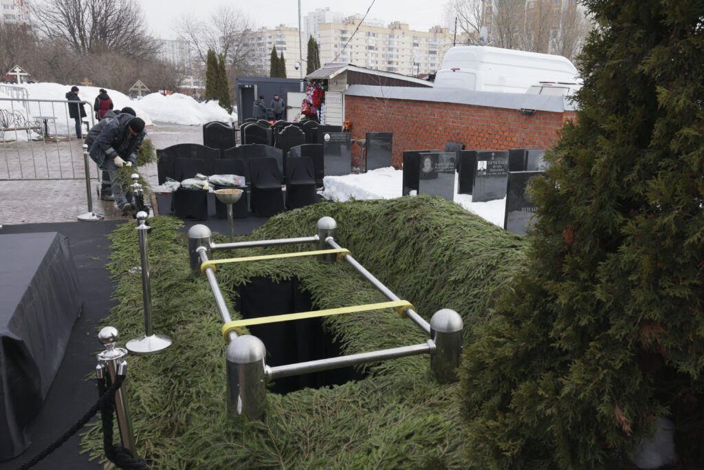 A view of a grave where Russian opposition leader Alexei Navalny due to be buried at the Borisovskoye Cemetery, in Moscow, Russia, Friday, March 1, 2024. Relatives and supporters of Alexei Navalny are bidding farewell to the opposition leader at a funeral in southeastern Moscow, following a battle with authorities over the release of his body after his still-unexplained death in an Arctic penal colony. (AP Photo)