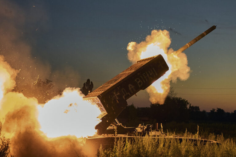 A Russian TOS-1A Solntsepyok heavy flamethrower rocket launcher, captured by the Ukrainian army battalion &quot;Da Vinci&quot;, fires towards the Russian positions on the frontline near Kreminna, Luhansk region, Ukraine, Friday, July 7, 2023. Writing on its body reads &quot;Da Vinci&quot;, a code name of the battalion commander Dmytro Kotsiubaylo, who was killed in battle. (AP Photo/Libkos)