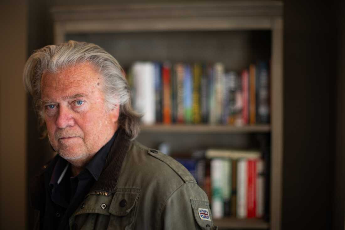 Steve Bannon, former White House Chief Strategist and host of the War Room podcast, poses for a portrait inside his basement podcast studio in Washington, DC on January 17, 2025. Books and art fill the space - with many pieces of art depicting Bannon and political allies.Photo credit: Maansi Srivastava for NPR