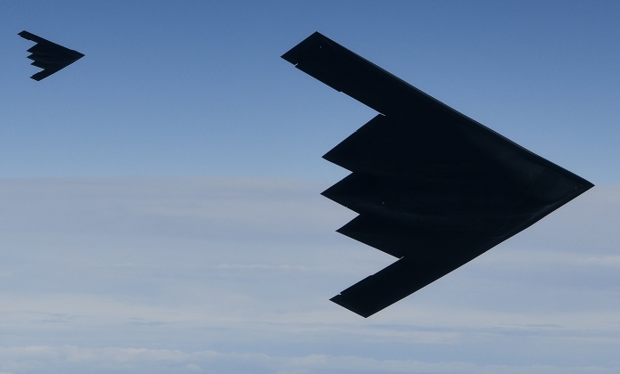 B-2A Spirit bombers assigned to the 509th Bomb Wing conduct aerial operations in support of Bomber Task Force Europe 20-2 over the North Sea March 12, 2020. Bomber missions enable aircrews to maintain a high state of readiness and proficiency, and validate U.S. global strike capability. (U.S. Air Force photo/ Master Sgt. Matthew Plew)