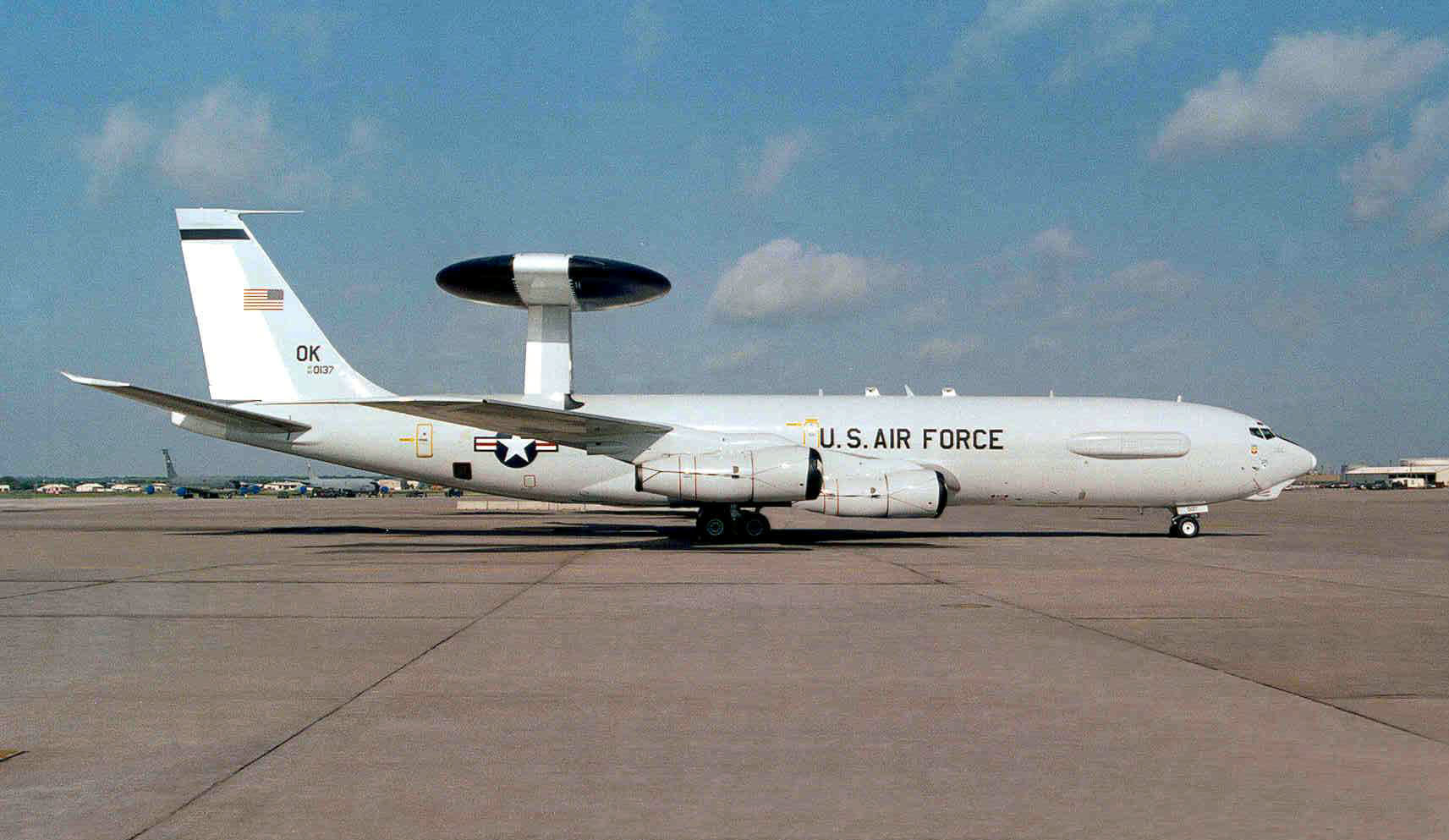(FILE PHOTO) -- The E-3 Sentry is a modified Boeing 707/320 commercial airframe with a rotating radar dome. The dome is 30 feet in diameter, 6 feet thick and is held 11 feet above the fuselage by two struts. It contains a radar subsystem that permits surveillance from the Earth's surface up into the stratosphere, over land or water. The radar has a range of more than 200 miles for low-flying targets and farther for aerospace vehicles flying at medium to high altitudes. (Coutesy photo)