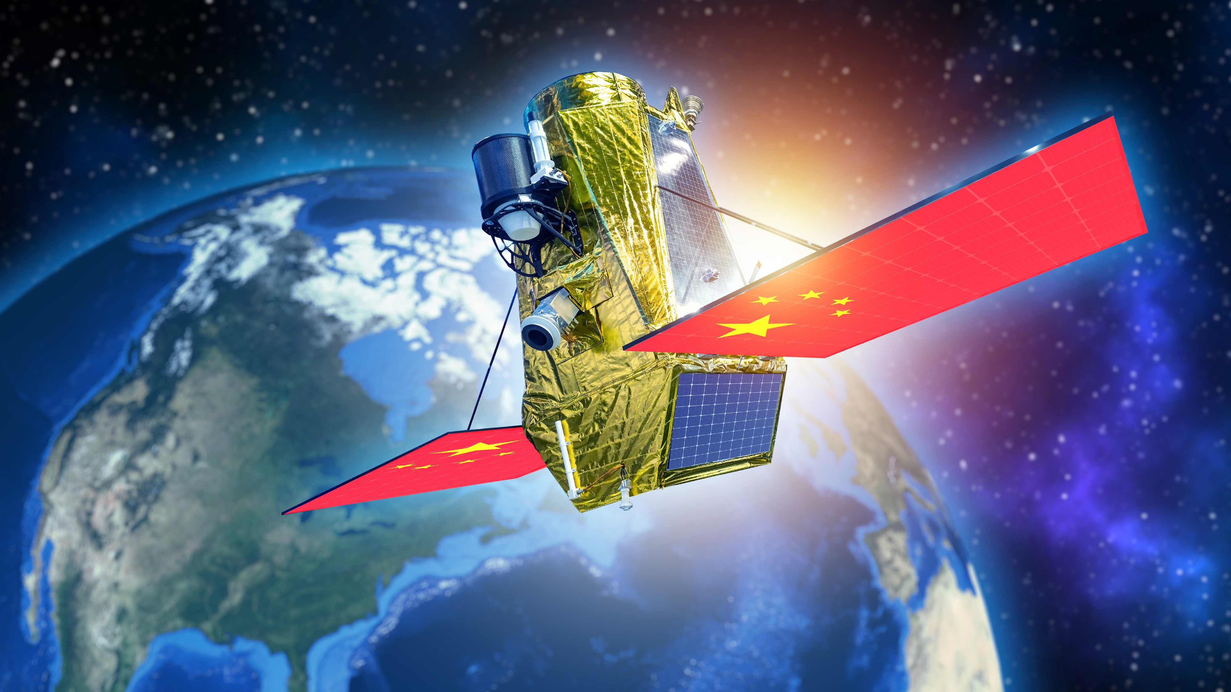 Chinese space satellite. Spaceship over planet earth. Flying satellite with Chinese flag. PRC space program. Satellite of Chinese telecommunications company. 3d image planet earth, elements from nasa
