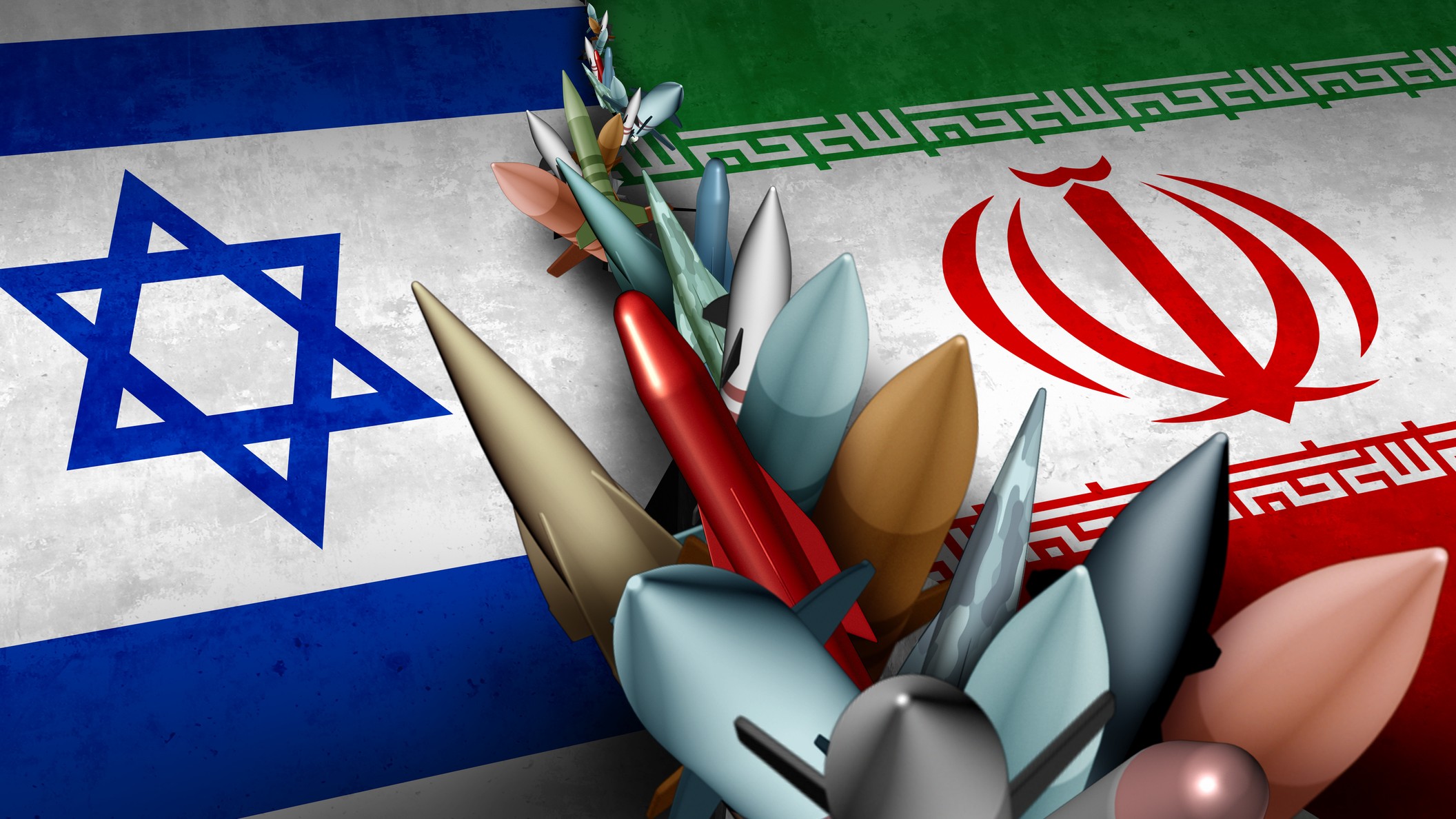 Iran Israel Military Crisis and armed confrontation or Israeli Iranian proxy war conflict with two opposing governments in a dispute as a persian gulf and armed middle east.