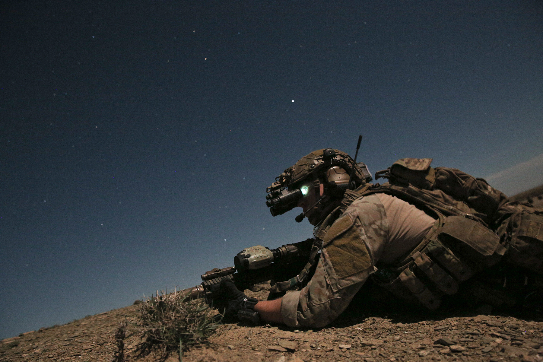 A U.S. special operations forces member conducts combat operations in support of Operation Resolute Support (RS) in East Afghanistan, April 2019. RS is a Nato-led mission to train, advise, and assist the Afghan National Defense and Security Forces and institutions. (U.S. Army photo by Spc. Jonathan Bryson)