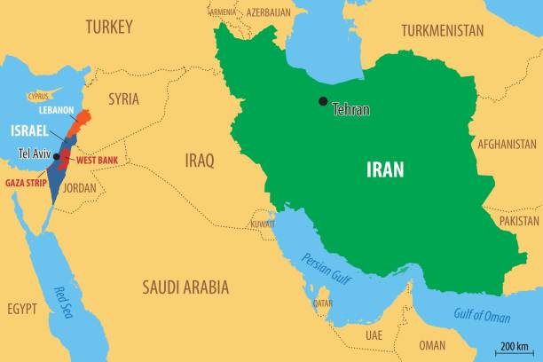 Vector map of Israel and Iran, including the areas of the West Bank and the Gaza strip and the neighboring countries