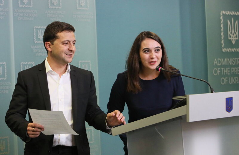Ukrainian President Volodymyr Zelensky and his Press Secretary, Yulia Mendel, arrive at news conference on Oct. 1, 2019, in Kyiv.