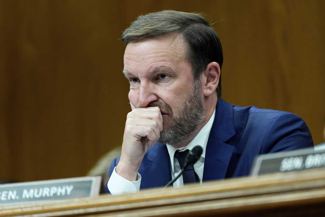 Sen. Chris Murphy, D-Conn., listens as Homeland Security Secretary Kristi Noem speaks during a Senate Appropriations Subcommittee on Homeland Security oversight hearing, Thursday, May 8, 2025, on Capitol Hill in Washington. (AP Photo/Julia Demaree Nikhinson)