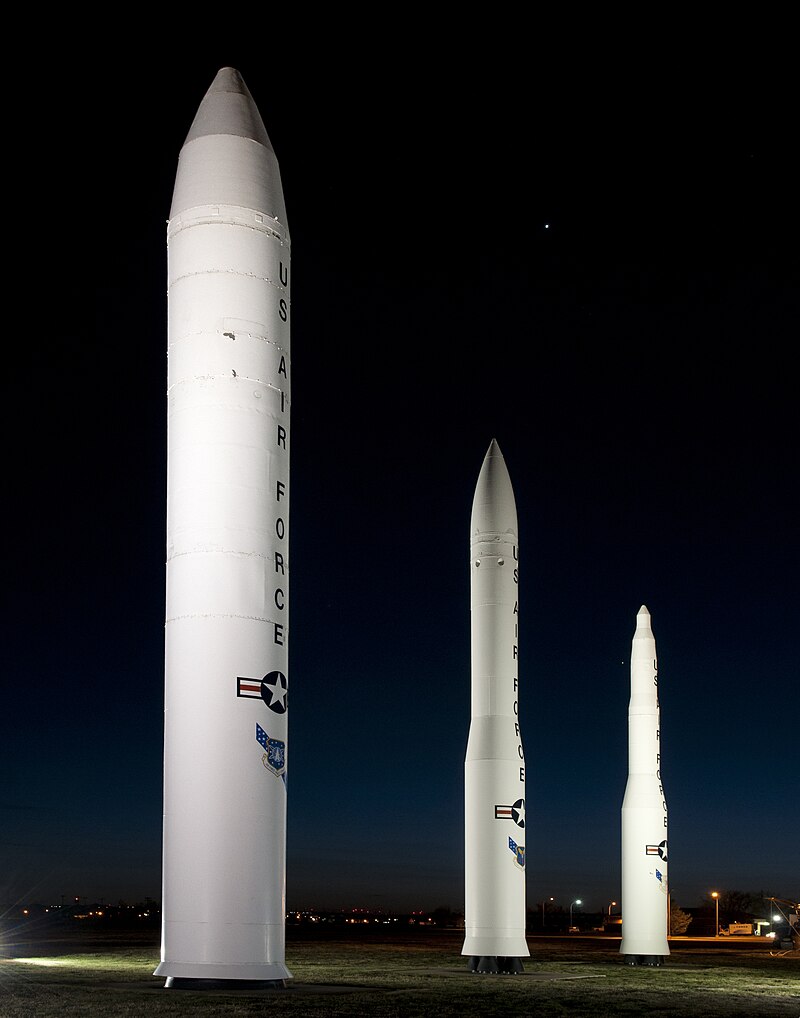 A static display of intercontinental ballistic missiles at the F.E. Warren Air Force Base, Wyo., front gate the evening of April 4, 2012. From left are the Peacekeeper, the Minuteman III and the Minuteman I. The planet Venus is visible in the sky above the Minuteman missiles and Jupiter is visible to the left of the Minuteman I. (U.S. Air Force photo by R.J. Oriez)