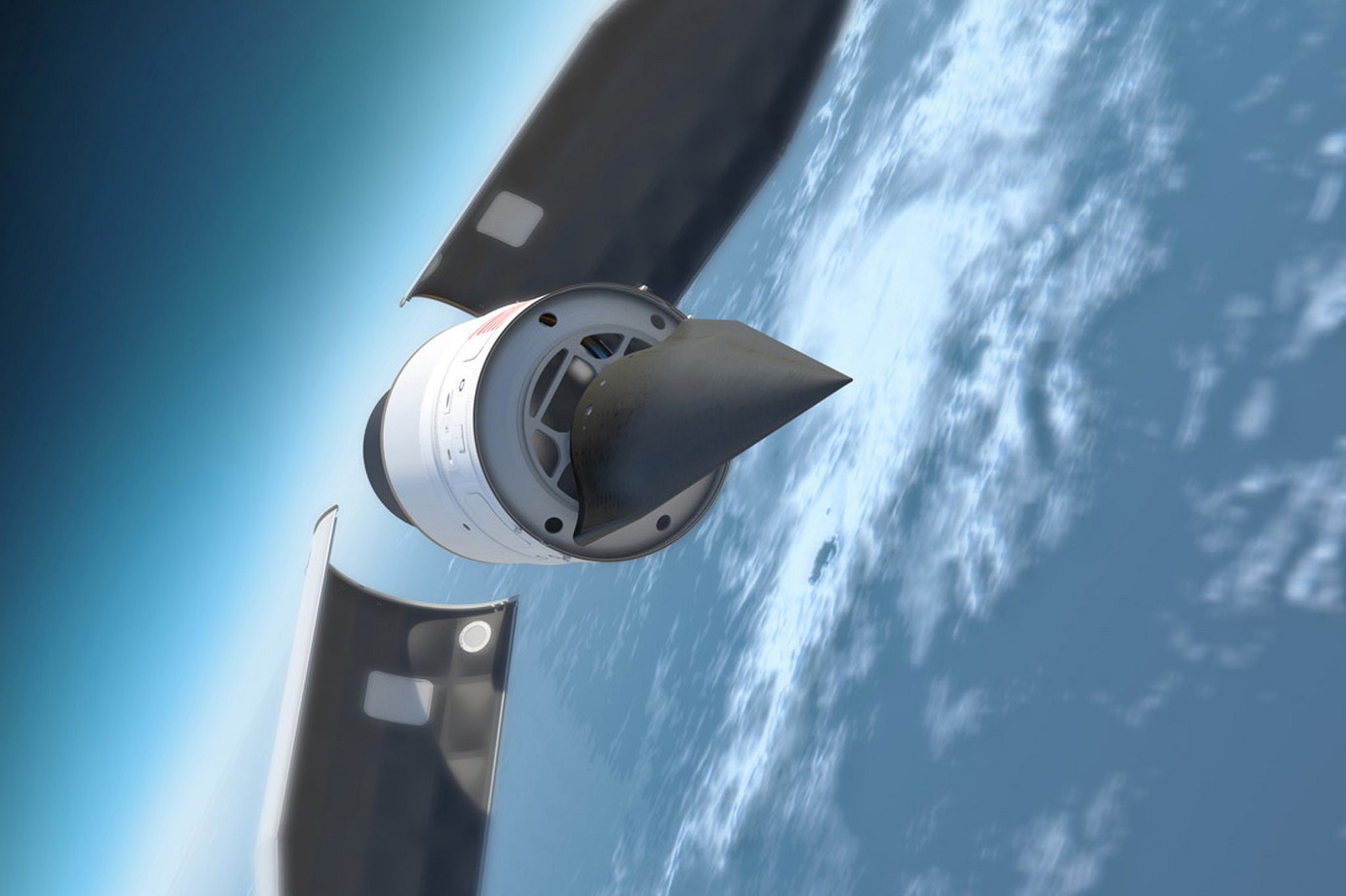 This illustration depicts the Defense Advanced Research Products Agency’s (DARPA) Falcon Hypersonic Test Vehicle as it emerges from its rocket nose cone and prepares to re-enter the Earth’s atmosphere. DARPA has conducted two test flights of the vehicle; in the second, in 2011, the HTV reached a speed of Mach 20 before losing control. (Image courtesy of DARPA)
