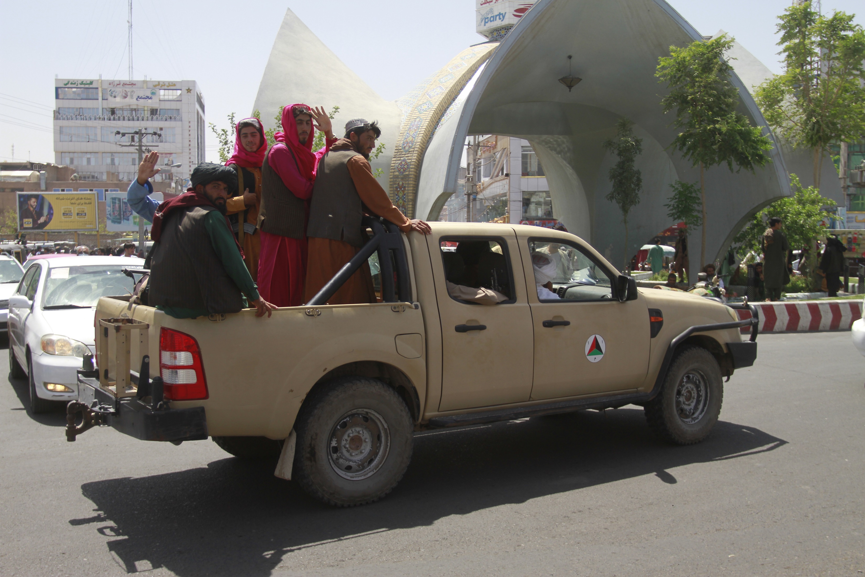 Talleban poses for the Photographer in the city of Herat, after they take this province from Afghan Government-in Herat province, west of Kabul Afghanistan, Saturday, Aug.14.2021.( AP Photo/ Hamed Sarfarazi