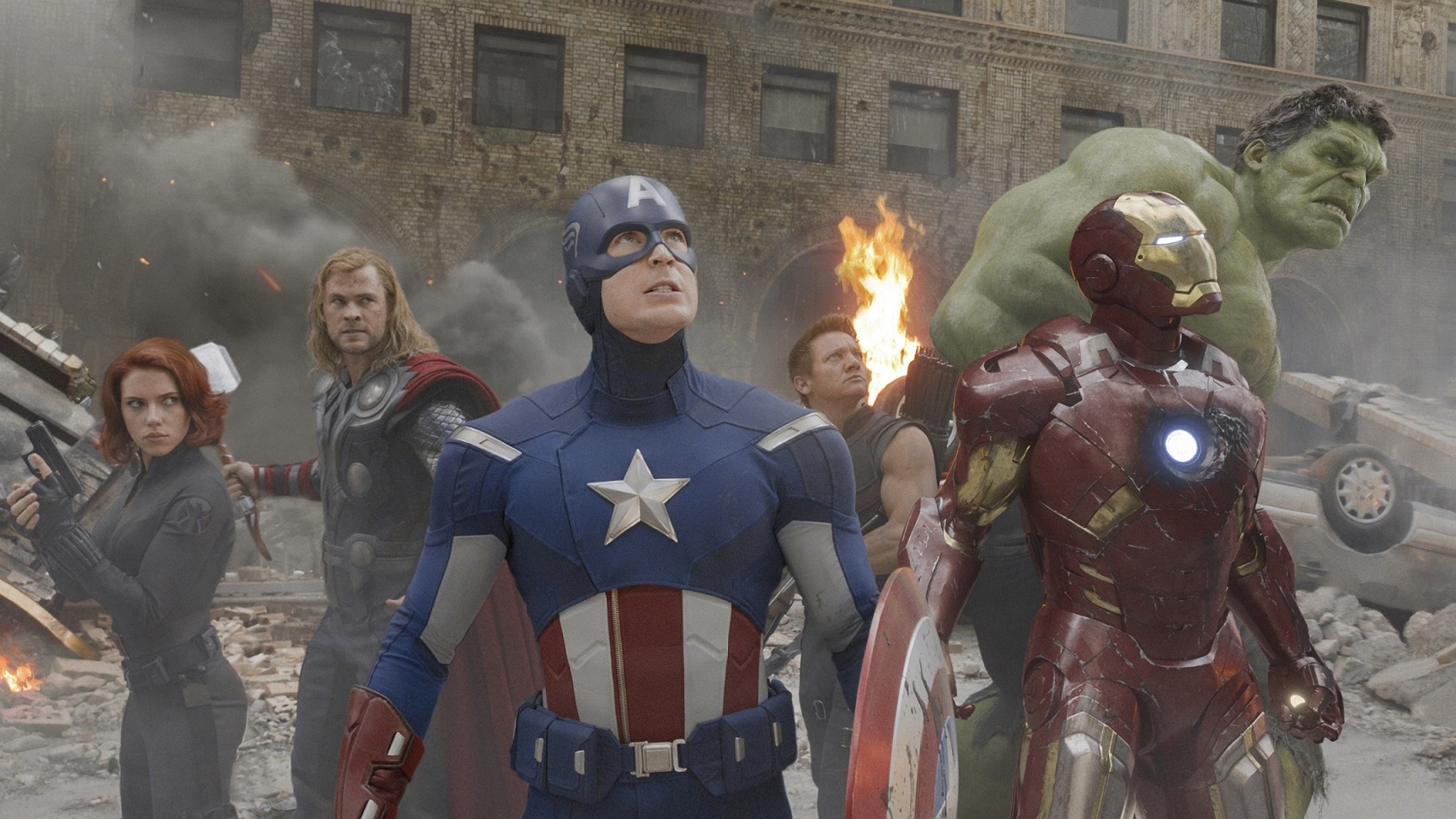 ?Marvel's The Avengers?..L to R: Black Widow (Scarlett Johansson), Thor (Chris Hemsworth), Captain America (Chris Evans), Hawkeye (Jeremy Renner), Iron Man (Robert Downey Jr.), and Hulk (Mark Ruffalo)..Ph: Film Frame ..© 2011 MVLFFLLC.  TM &amp; © 2011 Marvel.  All Rights Reserved.