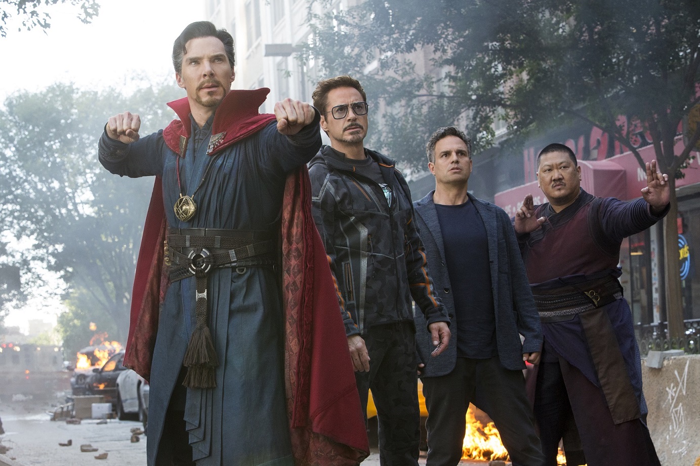 Marvel Studios' AVENGERS: INFINITY WARL to R: Doctor Strange/Stephen Strange (Benedict Cumberbatch), Iron Man/Tony Stark (Robert Downey Jr.), Bruce Banner/Hulk (Mark Ruffalo) and Wong (Benedict Wong)Photo: Chuck Zlotnick©Marvel Studios 2018