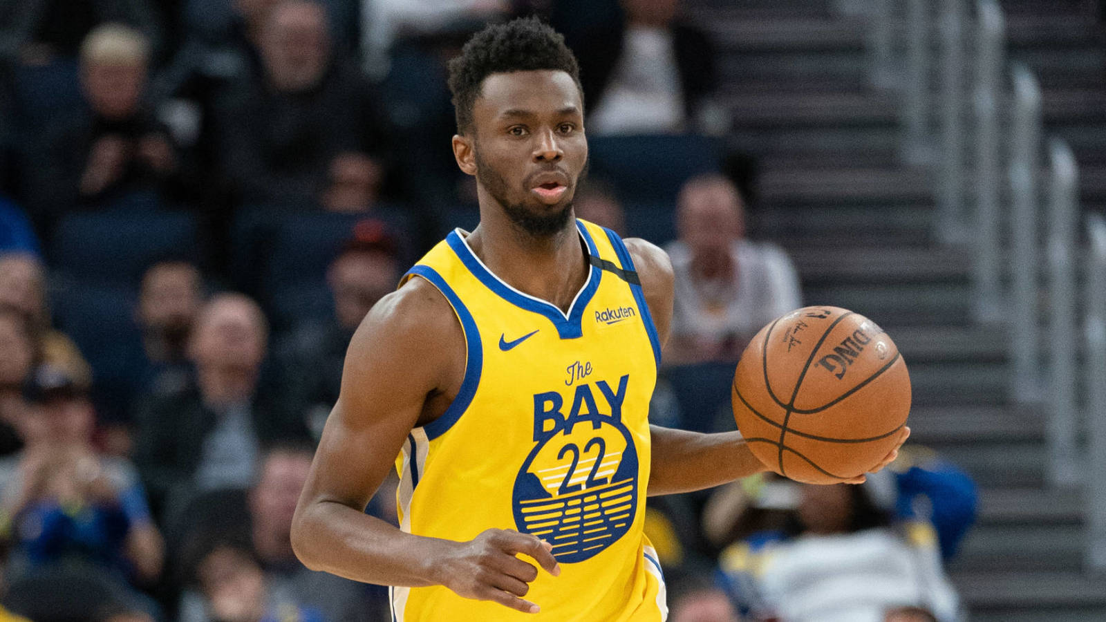 March 1, 2020; San Francisco, California, USA; Golden State Warriors guard Andrew Wiggins (22) dribbles the basketball during the fourth quarter against the Washington Wizards at Chase Center. Mandatory Credit: Kyle Terada-USA TODAY Sports