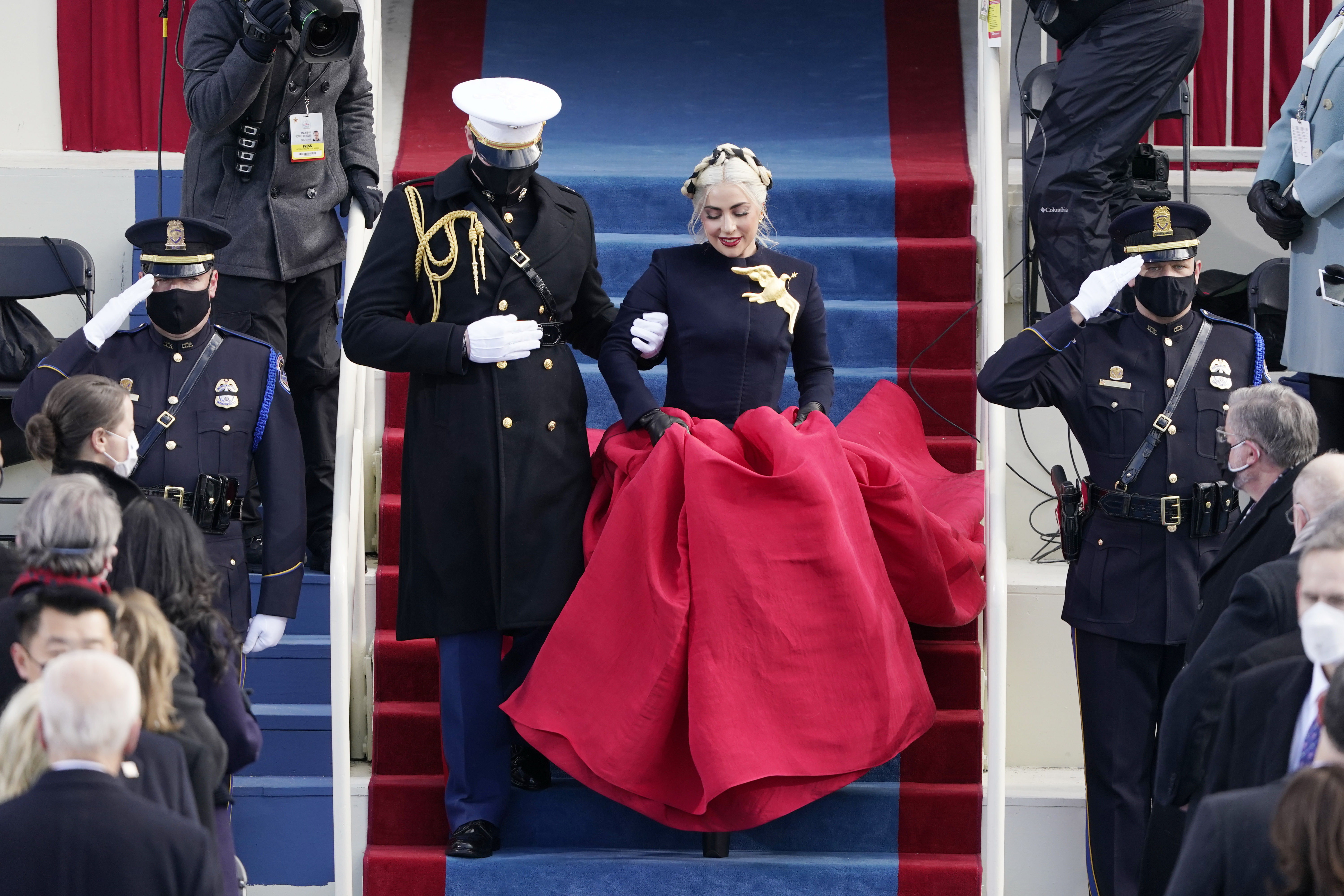 Lady Gaga arrives to sing the National Anthem during the 59th Presidential Inauguration at the U.S. Capitol in Washington, Wednesday, Jan. 20, 2021. (AP Photo/Patrick Semansky, Pool)