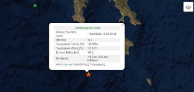 Ισχυρός σεισμός 5 Ρίχτερ στα Κύθηρα – Έγινε αισθητός στη νότια Ελλάδα