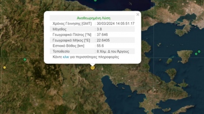 Σεισμός μεγέθους 3,8 Ρίχτερ 8 χιλιόμετρα Δυτικά από το Άργος
