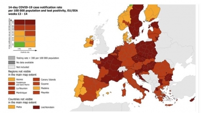 Χάρτης ECDC: Στο «κόκκινο» η Ελλάδα -Στο «βαθύ κόκκινο» Αττική και Δυτική Μακεδονία