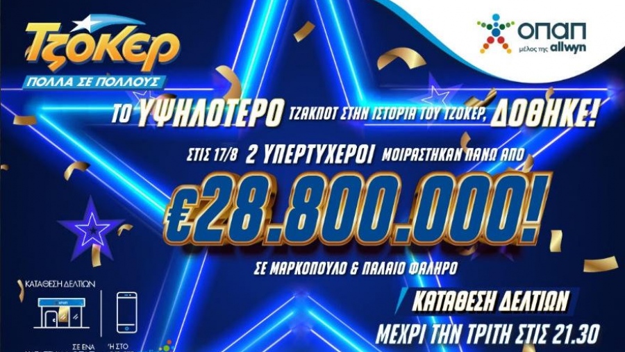 Το υψηλότερο τζακ ποτ στην ιστορία του ΤΖΟΚΕΡ δόθηκε – Δύο υπερτυχεροί μοιράστηκαν πάνω από 28,8 εκατ. ευρώ