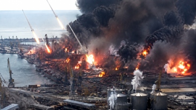 Russia blockades Ukrainian Black Sea ports by fire as NATO cargo in Yuzhny burns to ashes