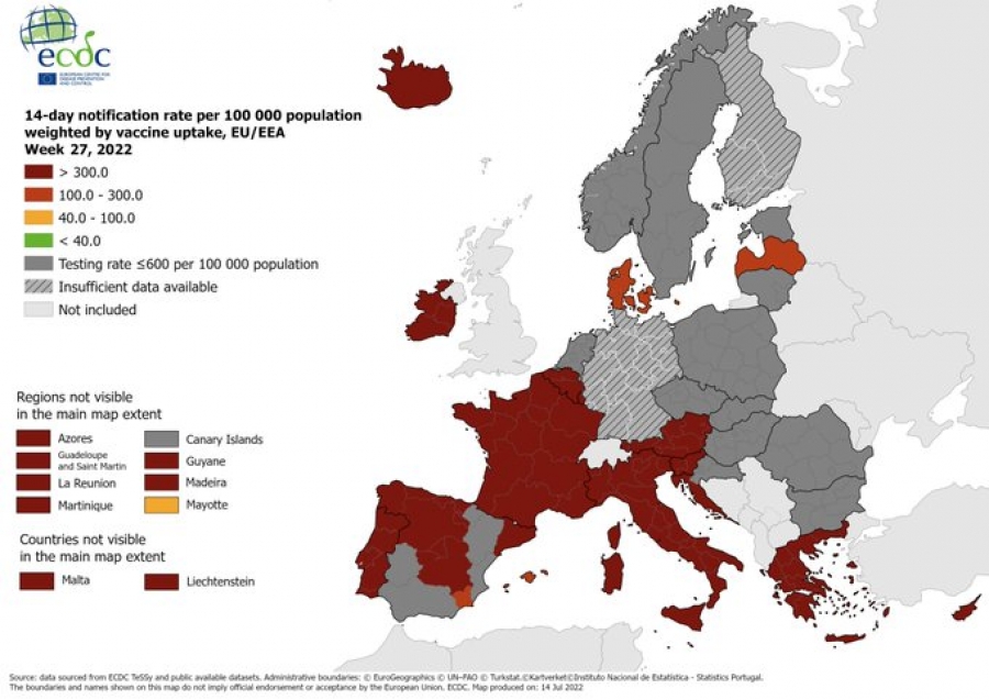 ECDC: Στο «κόκκινο» η Ελλάδα λόγω έκρηξης κρουσμάτων - Υπό παρακολούθηση η μετάλλαξη Κένταυρος