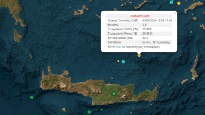 Σεισμική δόνηση 3,8 Ρίχτερ αισθητή στο Αιγαίο - Στα νότια της Ανάφης το επίκεντρο