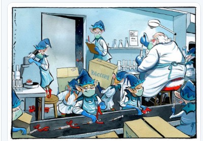 Το αισιόδοξο σκίτσο των «Times»: Ο Άγιος Βασίλης και τα ξωτικά ετοιμάζουν το… δώρο που περιμένει ο πλανήτης!