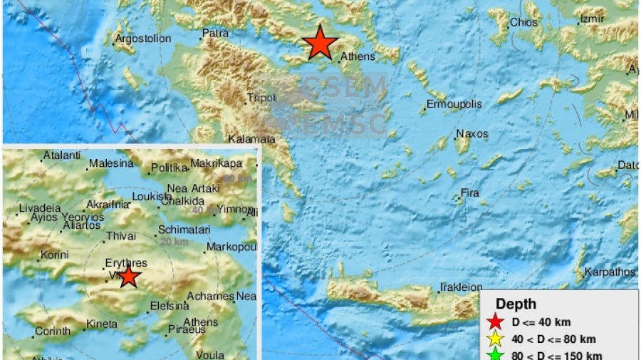 Σεισμός 3,7 βαθμών της κλίμακας Ρίχτερ 33 χιλιόμετρα ΒΔ της Αθήνας και δεύτερος 2,2 βαθμών κοντά στην Θήβα