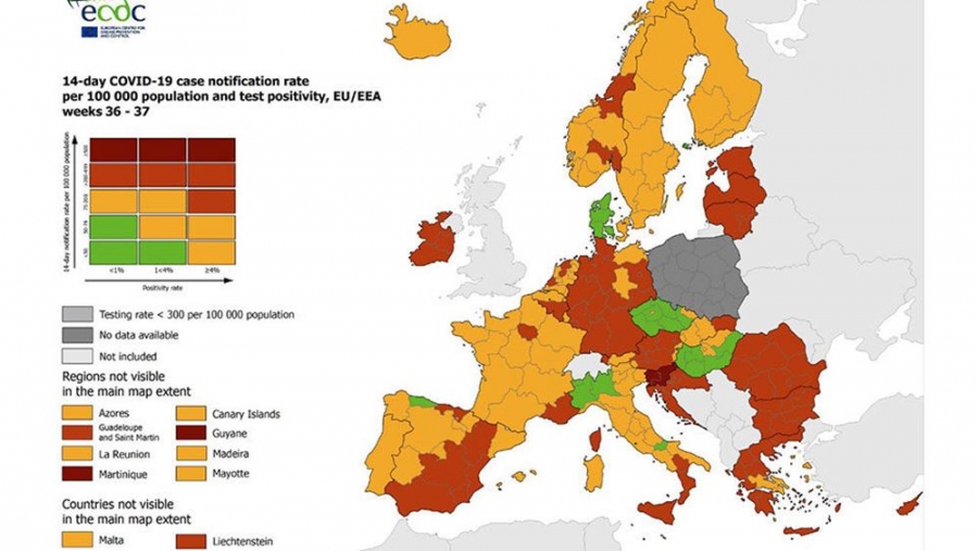 Χάρτης ECDC: Πορτοκαλί το μεγαλύτερο μέρος της Ελλάδας