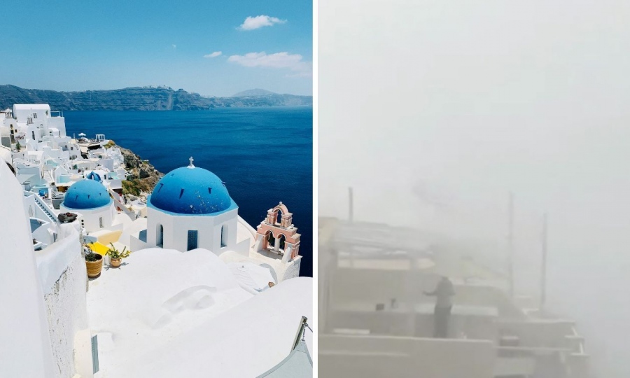 Όλα λευκά στη Σαντορίνη: Πέπλο ομίχλης κάλυψε την Καλντέρα