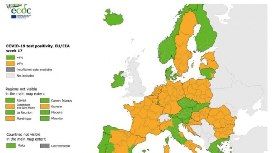 Χάρτης ECDC: «Πράσινη» η Ελλάδα στον δείκτη θετικότητας για τρίτη συνεχόμενη εβδομάδα