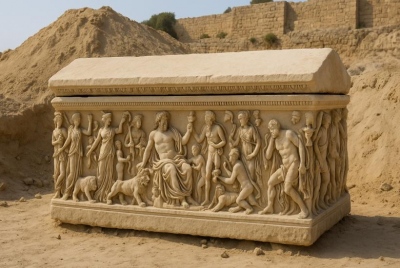 Συγκλονιστική ανακάλυψη! - Βρέθηκε σαρκοφάγος με πρωτοφανή μυθολογική απεικόνιση Διονύσου και Ηρακλή