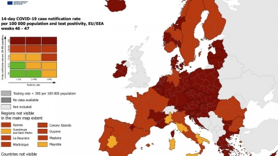 ECDC: Σε «βαθύ κόκκινο» η Ελλάδα - Κυρίαρχη η μετάλλαξη Omicron στην Ευρώπη