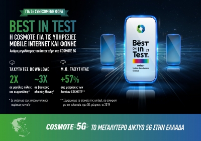 «Best in Test» η Cosmote για τις υπηρεσίες Mobile Internet και φωνής, για 7η συνεχόμενη φορά