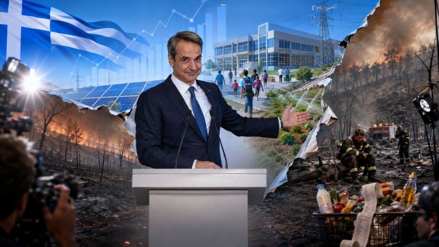Επικοινωνιακά τρικ και αυτοέπαινοι Μητσοτάκη στις στάχτες - Ανασκόπηση που «ωραιοποιεί» την καταστροφή, την ακρίβεια και προσβάλλει την πραγματικότητα