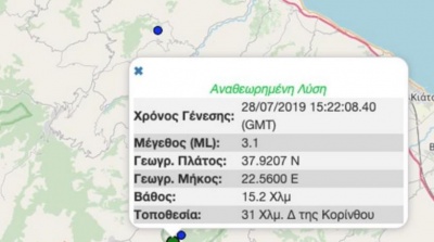 Σεισμική δόνηση 3,1 Ρίχτερ στην Κόρινθο