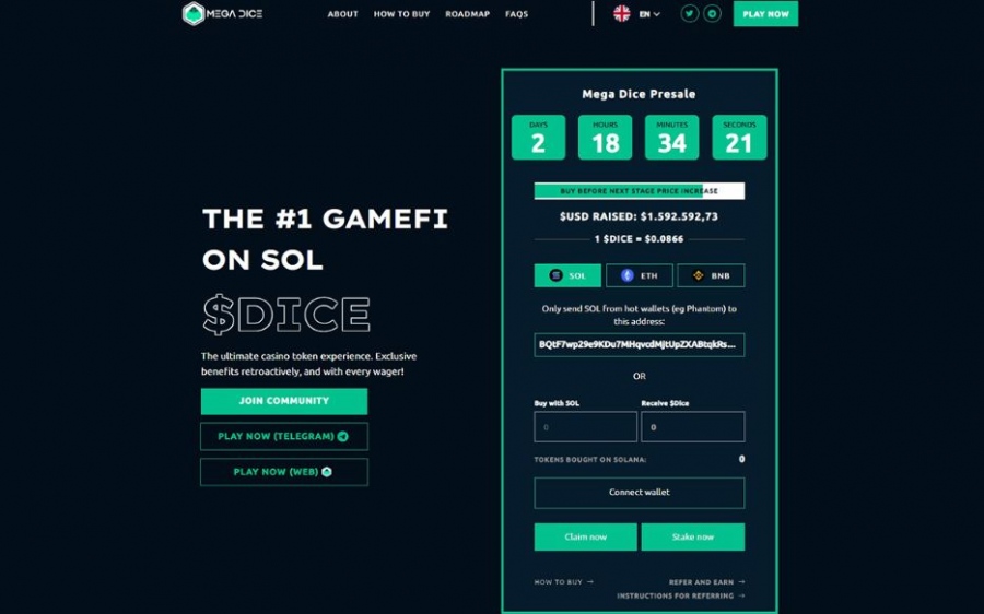 Το $DICE ξεκινάει λειτουργία staking καθώς η προπώλησή του ξεπερνά τα 1,5 εκατομμύρια δολάρια.